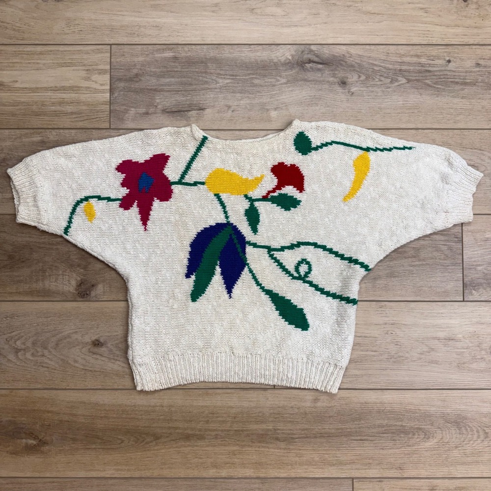 Vintage Twee Half Sleeve Sweater Shapley Knits Floral 80's Cream Size‎ M